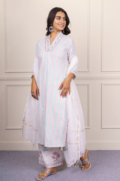 Elegant white cotton kurta Dupatta Set-KS823