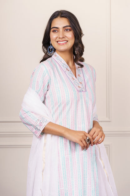 Elegant white cotton kurta Dupatta Set-KS823