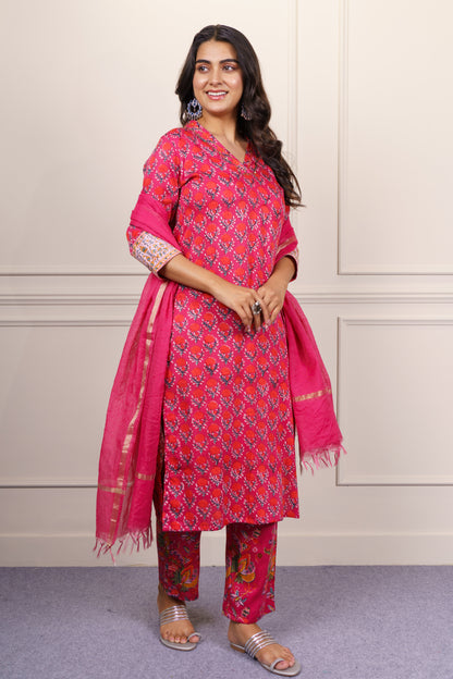 Red Pink Floral  Kurta Dupatta Set-KS818