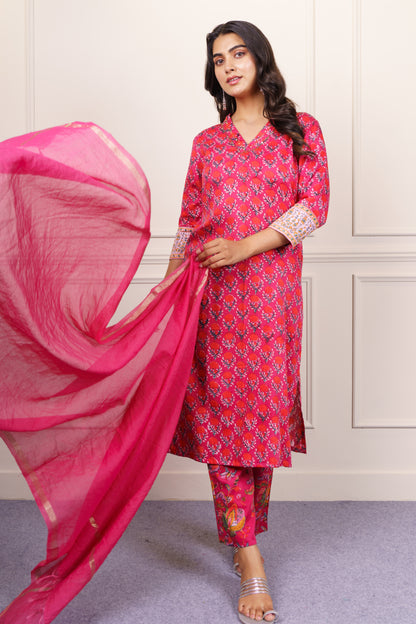 Red Pink Floral  Kurta Dupatta Set-KS818
