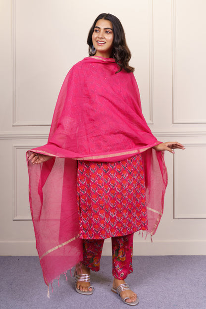 Red Pink Floral  Kurta Dupatta Set-KS818