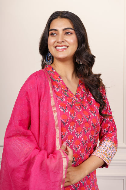 Red Pink Floral  Kurta Dupatta Set-KS818