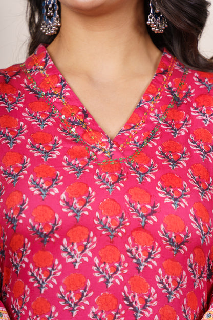 Red Pink Floral  Kurta Set-KS794