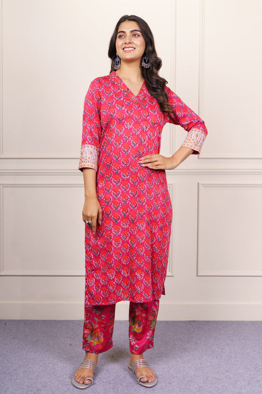 Red Pink Floral  Kurta Set-KS794