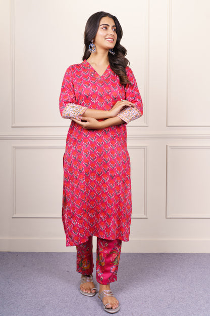Red Pink Floral  Kurta Set-KS794