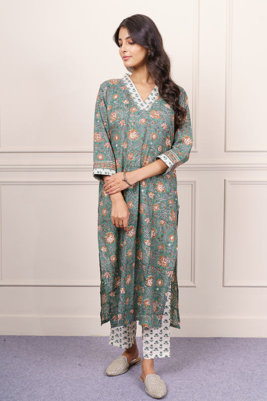 Green Beige Straight Kurta Set-KS790