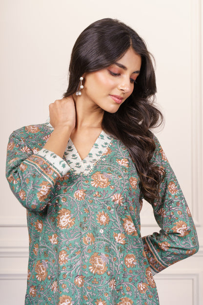 Green Beige Straight Kurta Set-KS790