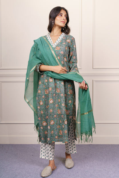 Green Beige Straight Kurta Dupatta Set-KS816