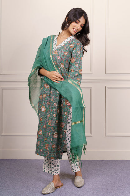 Green Beige Straight Kurta Dupatta Set-KS816