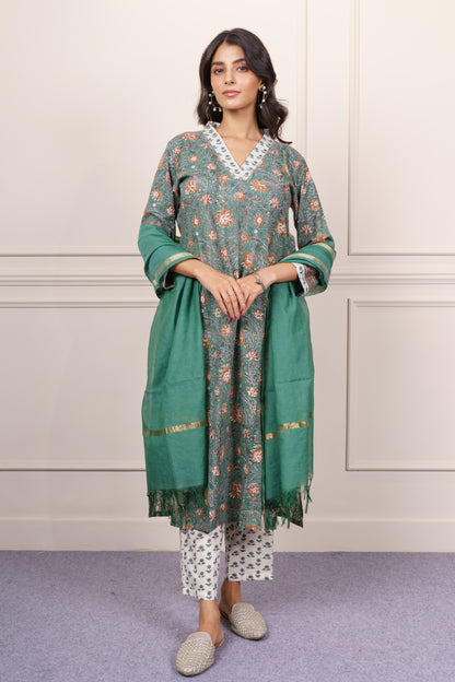 Green Beige Straight Kurta Dupatta Set-KS816