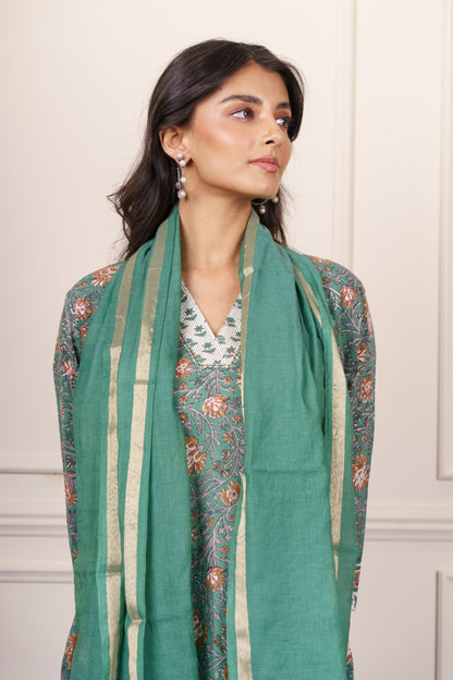 Green Beige Straight Kurta Dupatta Set-KS816