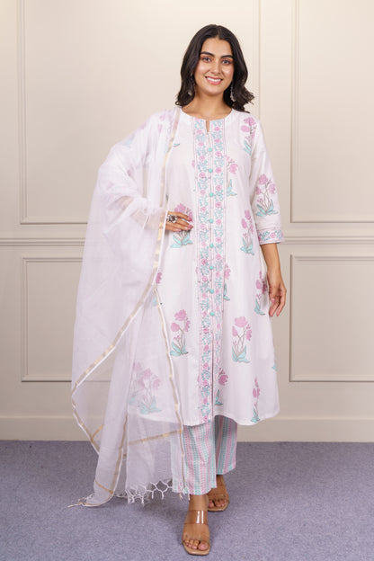 White Floral Kurta Dupatta Set-KS817
