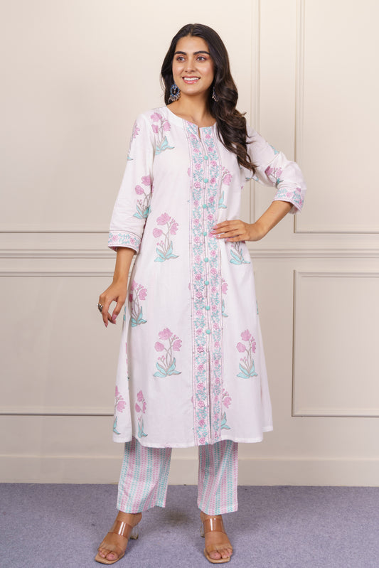 White Floral Kurta Set-KS792