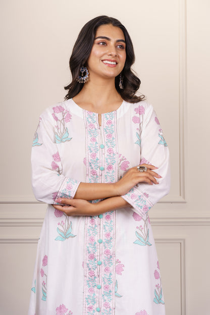 White Floral Kurta Dupatta Set-KS817