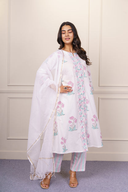 White Floral Kurta Dupatta Set-KS817