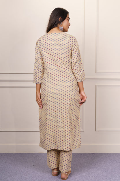 Beige Printed Cotton Kurta-KS843