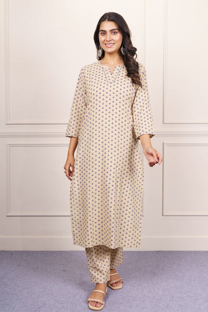 Beige Printed Cotton Kurta-KS843