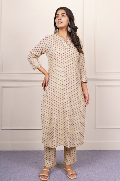 Beige Printed Cotton Kurta Set-KS859