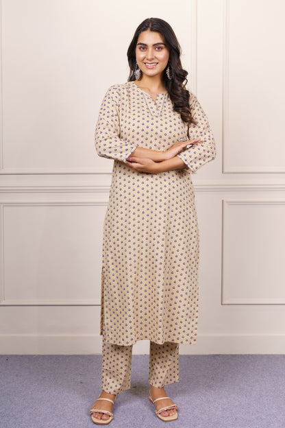 Beige Printed Cotton Kurta Set-KS859