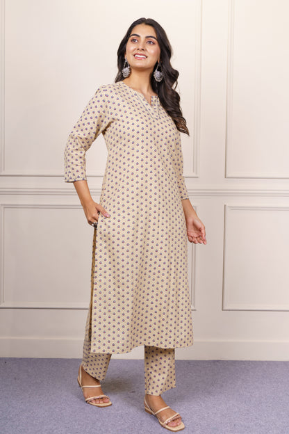 Beige Printed Cotton Kurta Set-KS859