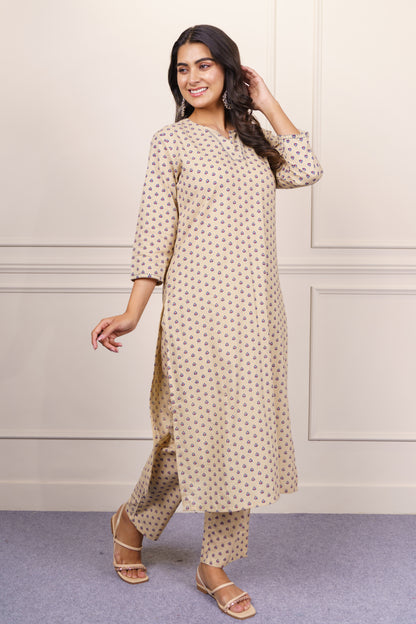 Beige Printed Cotton Kurta Set-KS859