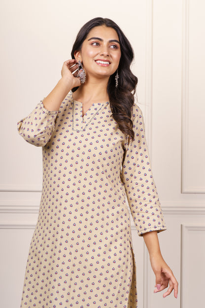 Beige Printed Cotton Kurta-KS843