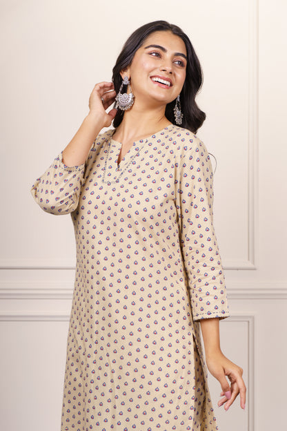 Beige Printed Cotton Kurta-KS843