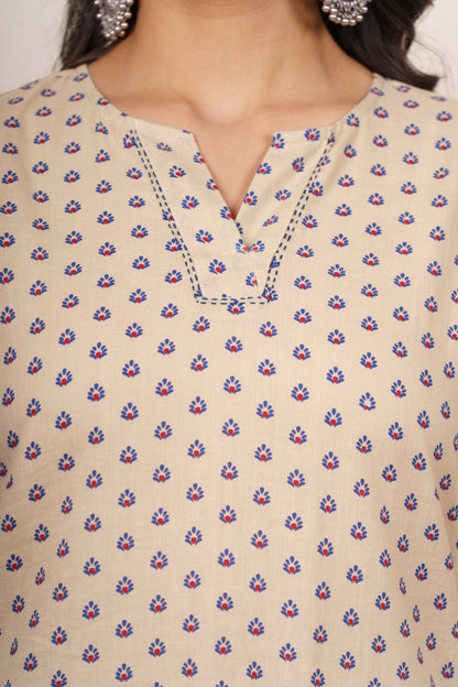 Beige Printed Cotton Kurta Set-KS859