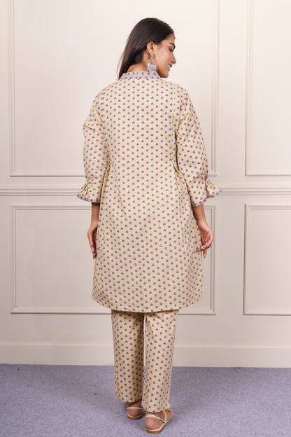 Beige Printed Cotton Co-ord Set-NVCD37