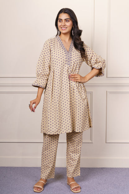 Beige Printed Cotton Co-ord Set-NVCD37