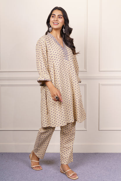 Beige Printed Cotton Co-ord Set-NVCD37