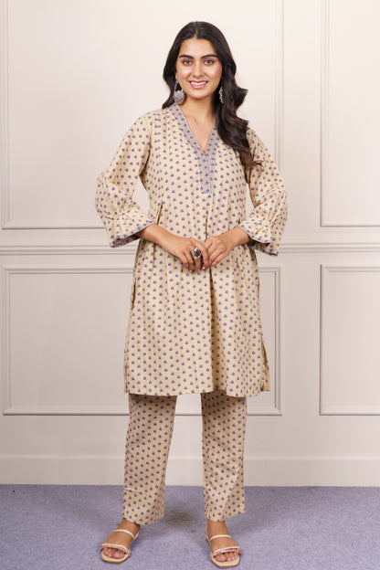 Beige Printed Cotton Co-ord Set-NVCD37
