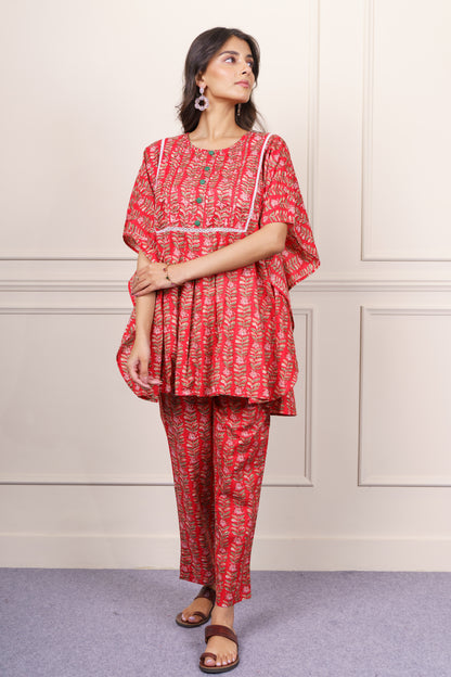 Red Printed Cotton Co-ord Set-NVCD39