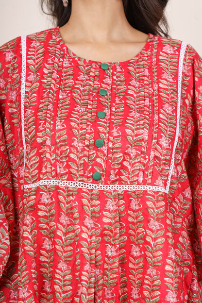 Red Printed Cotton Co-ord Set-NVCD39
