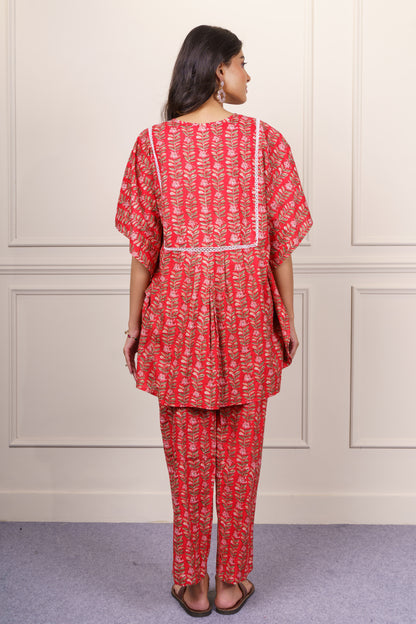 Red Printed Cotton Co-ord Set-NVCD39