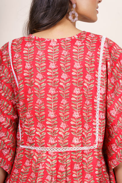 Red Printed Cotton Co-ord Set-NVCD39