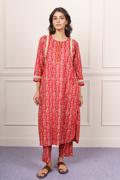 Bright Red Cotton Kurta Set-KS849
