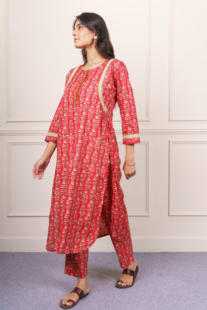 Bright Red Cotton Kurta Set-KS849