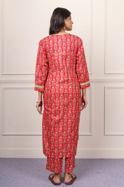 Bright Red Cotton Kurta Set-KS849