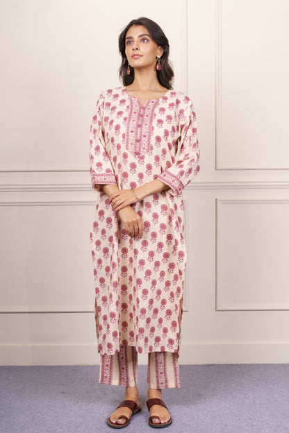 Cream Pink Floral Cotton Kurta-KS844