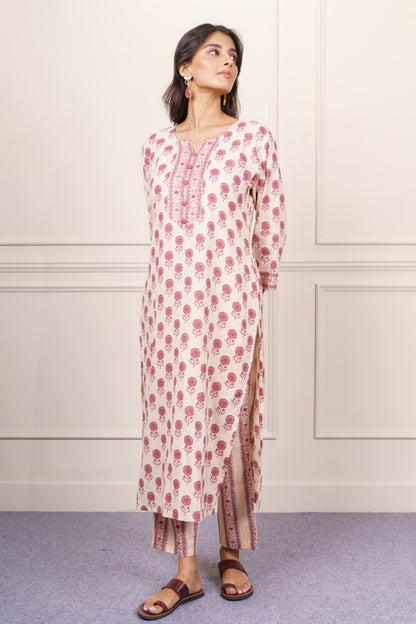 Cream Pink Floral Cotton Kurta Set-KS860