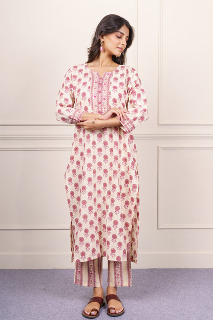 Cream Pink Floral Cotton Kurta Set-KS860