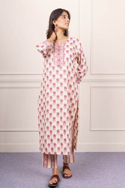 Cream Pink Floral Cotton Kurta Set-KS860