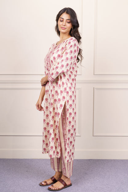 Cream Pink Floral Cotton Kurta Set-KS860