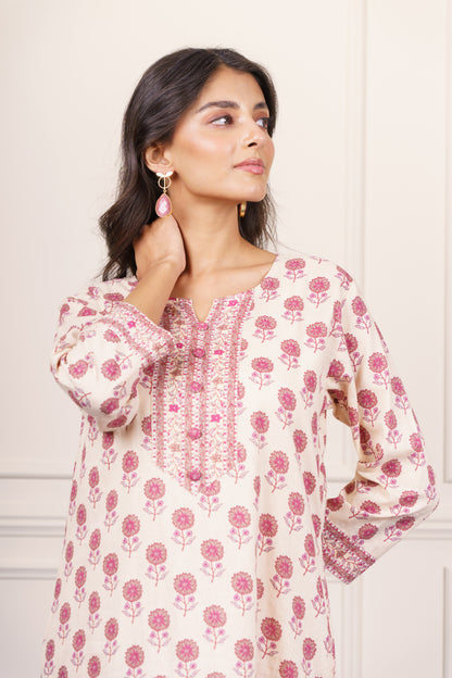 Cream Pink Floral Cotton Kurta-KS844