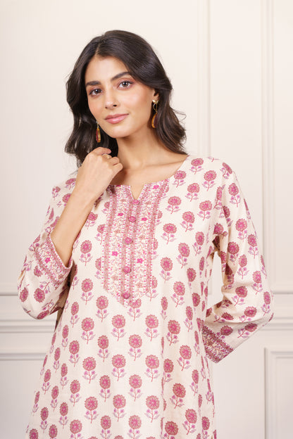 Cream Pink Floral Cotton Kurta-KS844