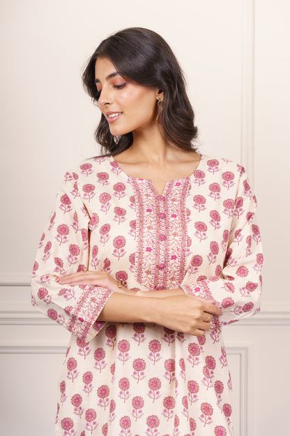 Cream Pink Floral Cotton Kurta-KS844