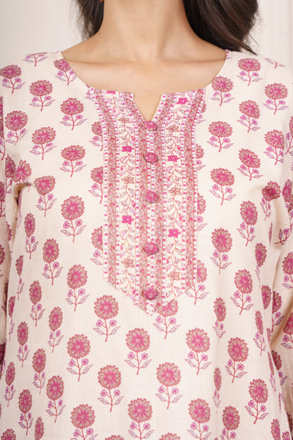 Cream Pink Floral Cotton Kurta Set-KS860