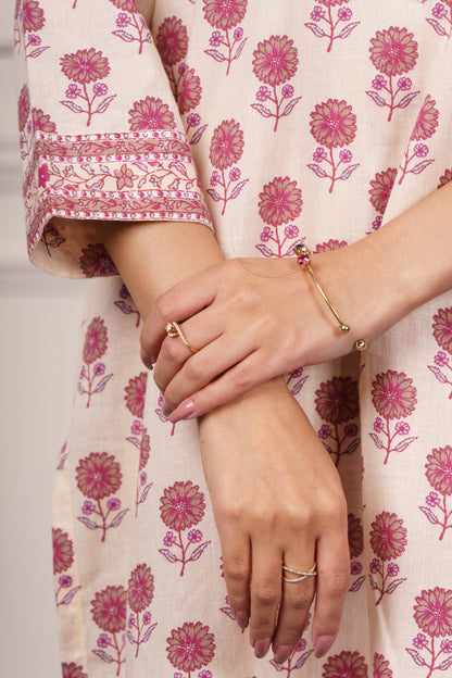 Cream Pink Floral Cotton Kurta-KS844