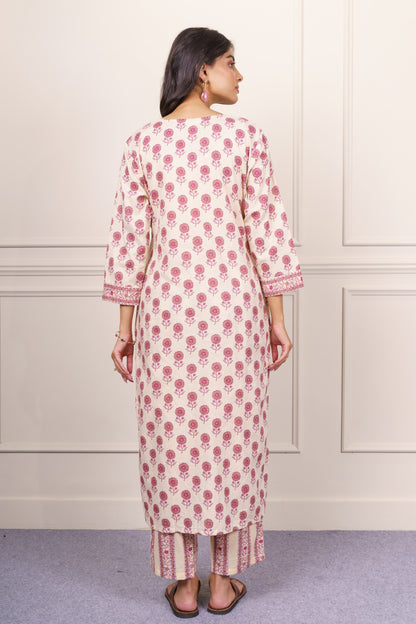 Cream Pink Floral Cotton Kurta-KS844